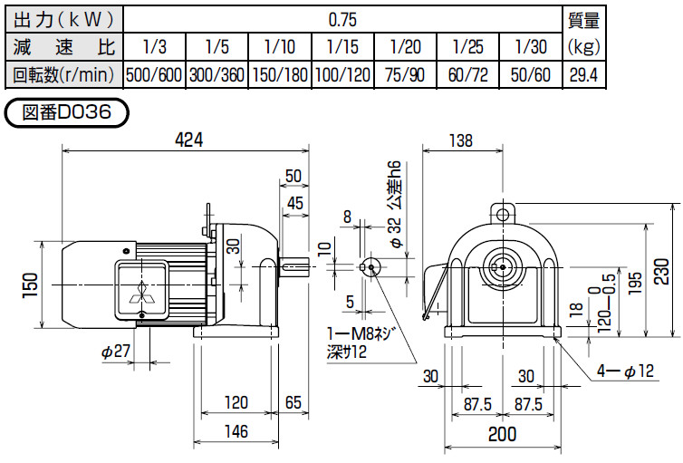 Mitsubishi Geared motor GM-DB 0.75KW